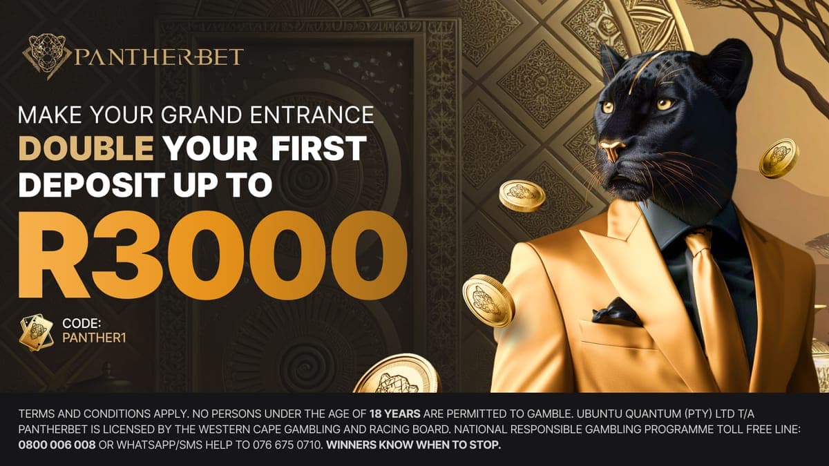 PantherBet welcome bonus — 100% first-deposit match up to R3,000, code PANTHER1. 18+, T&Cs apply.